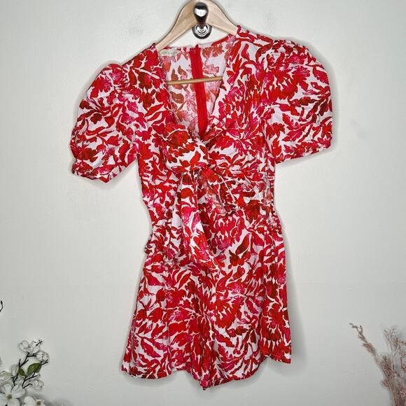 MOOD x MIURA Cotton Poplin Floral Puff Sleeve Cutout Romper Red Sz S {YY40} - Picture 2 of 5
